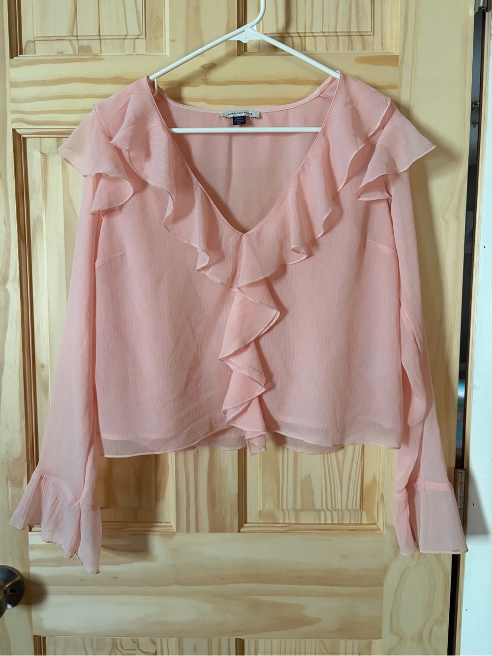 American Eagle Outfitters Pale Pink Ruffled V-Neck Blouse